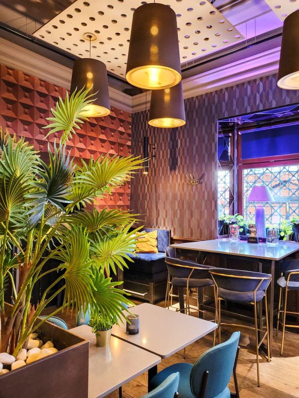 The dining room with plants, bar seating and warm lighting